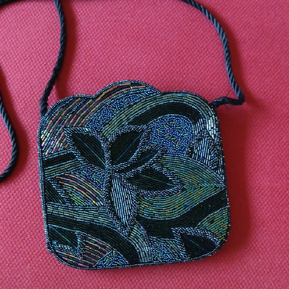 Iridescent Abstract Floral Hand-Beaded Evening Bag w/ Satin Crossbody Cord